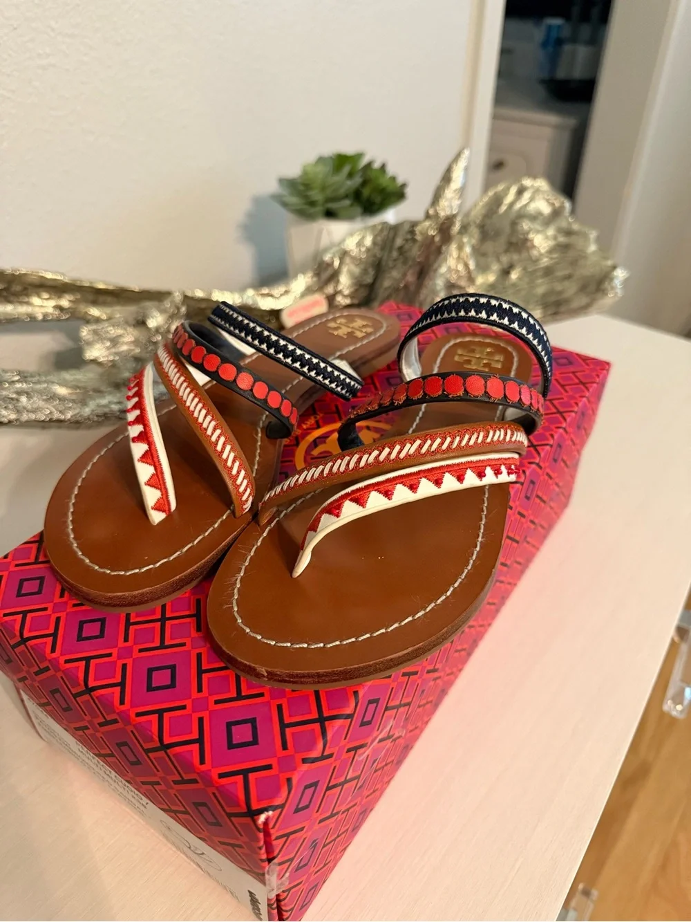 Tory Burch Brown Leather Slide Sandals with Red, Navy & White Trim